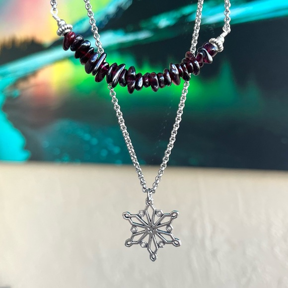 Set ! Dark red garnet snowflake necklace + earrings winter xmas set - Picture 10 of 14